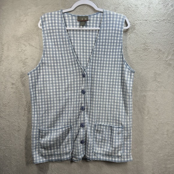 new york style Jackets & Blazers - Vintage New York Style Women's M Long Vest Blue Gingham Waffle‎ knit Cottagecore
